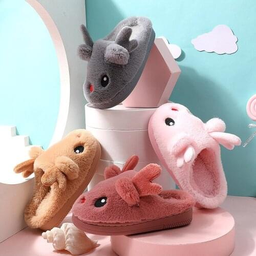 Autumn Winter Kids Cotton Slippers Fur Deer Home Warm Thick Bottom Indoor Unisex Cotton Shoes For Boys Girls Cartoons Slippers
