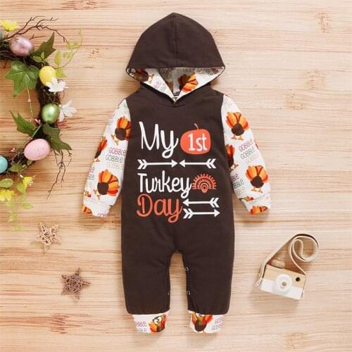 My First Thanksgiving Day Clothes Toddlers Boys Girls Letter Chicken Printing Long Sleeve Hooded Romper for 0-18 Months