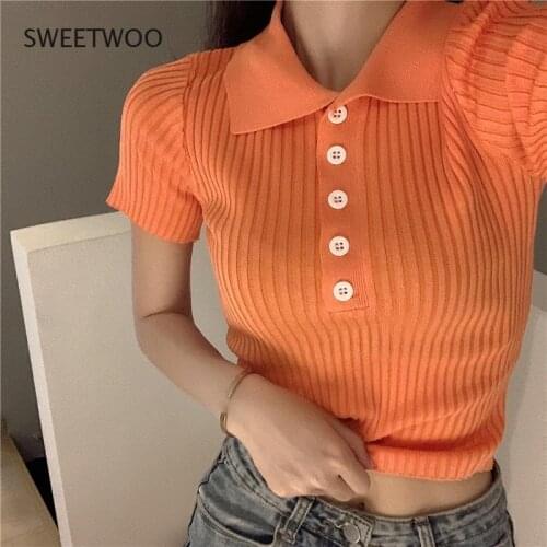 Stretchy Short Sleeve Top Women 2021 Summer Female Polo Shirt Knitted Candy Color Tees Plain Button Up Vintage Clothes