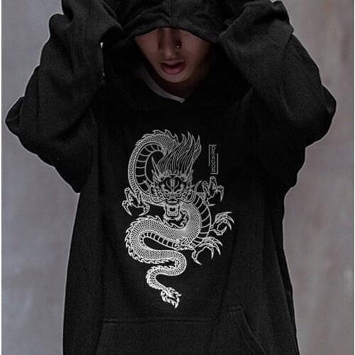 Harajuku Vintage Mens Hoodies Unisex Chinese Dragon Funny Print Hoodie Male Streetwear Oversize Loose Coat Casual