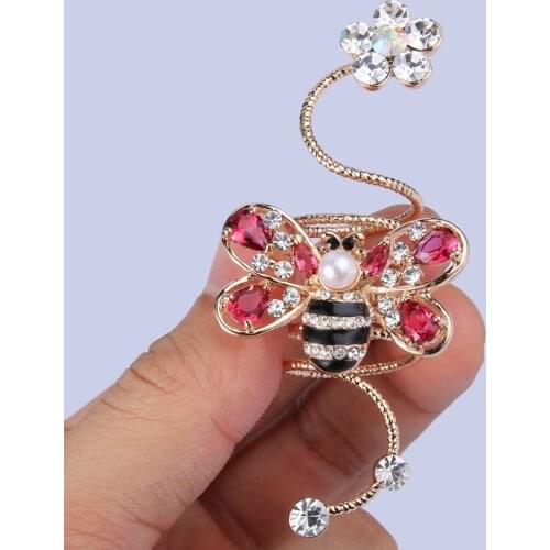 Tuliper Floral Bee Rings Animal Cocktail Ring Pink Austrian Crystal Pearl Gold Tone For Women Party Jewelry Girl Gifts
