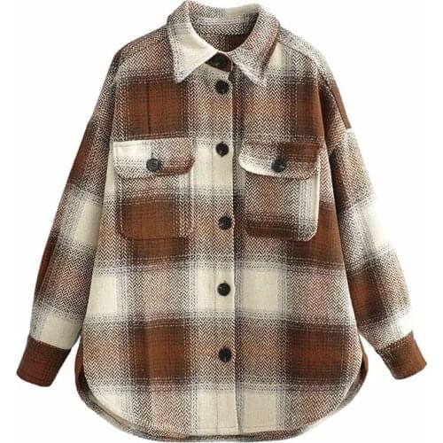 Fashion Plaid Woolen jackets New Autumn Womens Blended Woolen Coat Retro Single Breasted Casual Lattice Shirt Jacket Female Top
