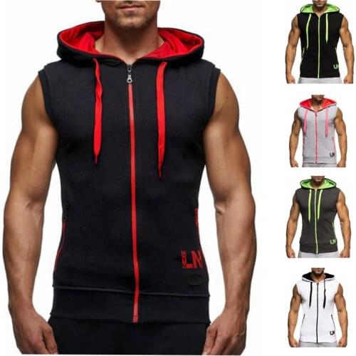 Mens Tank Tops Tshirt Color Contrast Hooded Zipper Man Sleeveless Vest