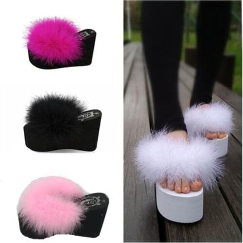 Slippers platform wedge slippers fur sliders furry slides womens slides shoes slip on sandals black shoes for women light loafer