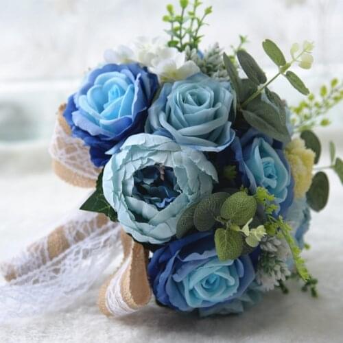 1pc/lot Blue Artificial rose Wedding Bouquets Wedding flower with jute lace for with wedding