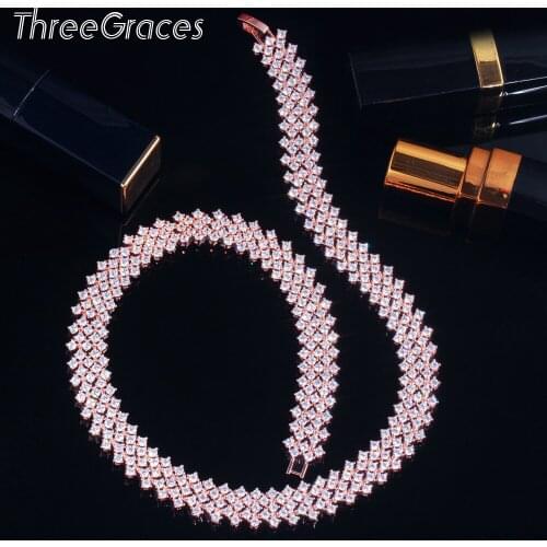 ThreeGraces Fashion Rose Gold Color Big Wide Choker Necklace for Women Shiny CZ Crystal Baroque Wedding Costume Jewelry PN114
