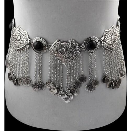 Bohemia color Metal Body Jewelry Blue Black Stone Turkish Gypsy Ethnic Tribal Coin Tassel Bib Statement Necklace Collar Chains