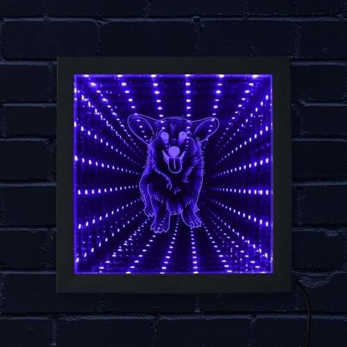 Welsh Corgi Dog Breed Infinity Mirror Frame Puppy LED Vortex Tunnel Interstellar Mirror Doggie Mesmerizing Illusion Home Decor