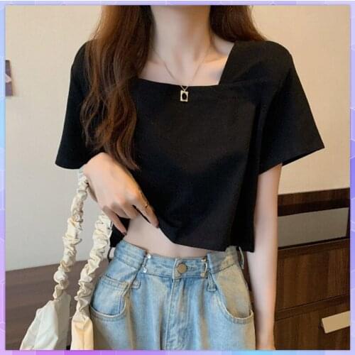Vintage Crop Tops Goth T-shirt Women Square Neck Short-Sleeve T-shirts Gothic Streetwear Sexy Female High Waist Solid Loose Top