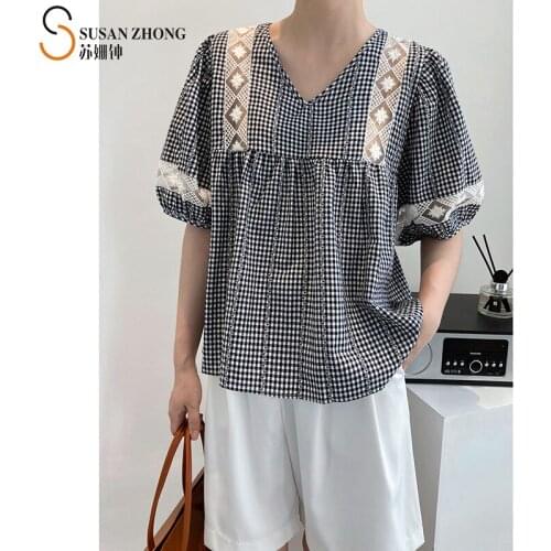 Women Shirts Summer Female Blouse Lantern Sleeve Short Embroidery Tops Round Neck Loose A Line Romantic Korean Fashion Bohi Cozy