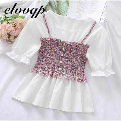 Floral Print Fake 2 Piece Set Blouse Women Sweet Loose Tops Female Summer Chic Fashion Korean Patchwork Pleated Chiffon Shirt