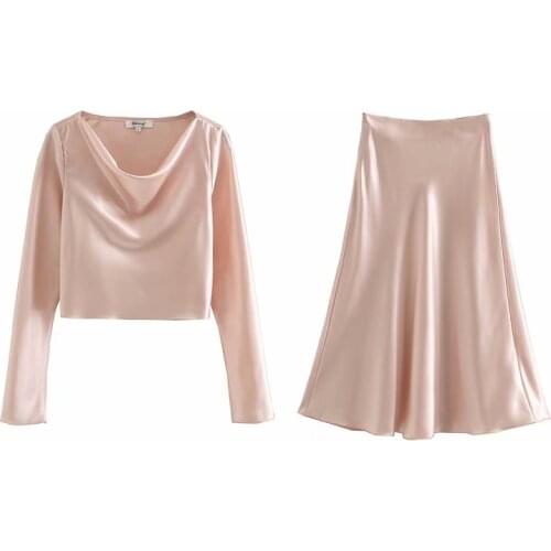 Womens suit fashion temperament solid color satin suit bright satin texture top + high waist skirt women two piece outfits
