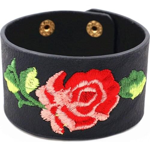 Broider Black White Flower New Arrival Fashion Wide Leather Bracelets Cufff Bangle For Women Jewelry Accessories