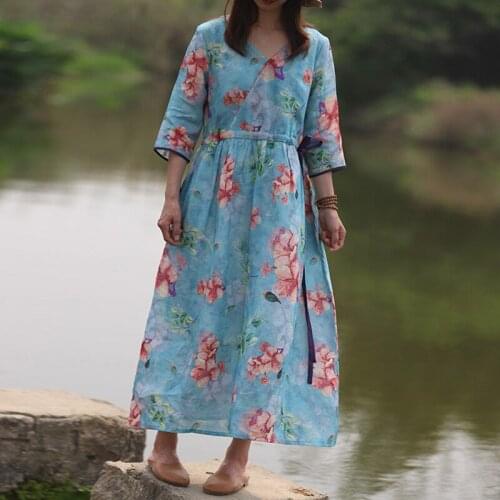 Johnature Women Vintage Print Floral Bandage Dress V-Neck Seven Sleeve Robes 2021 Summer New Ramie High Quality Female Dress
