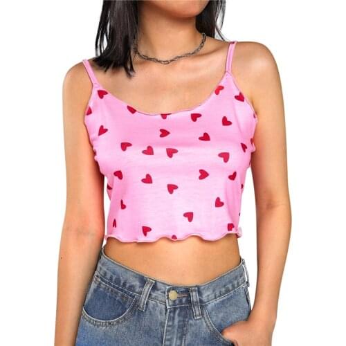 2021 Fashion Trend Women Summer Tank Tops Full Heart Printing Spaghetti Straps Ruffled Slim Crop Sun-tops Casual Skinny Camisole