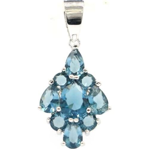 31x14mm Delicate Fine Cut Created London Blue Topaz Pink Morganite Ladies Daily Wear Sliver Pendant