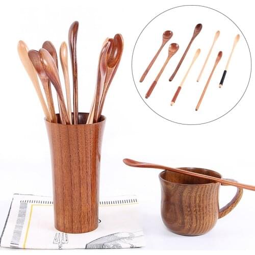 Wooden Milk Honey Soup Spoon Solid Wood Tableware Long Handle Teaspoon Coffee Spoon Stir Stick Kitchen Accessories Sets