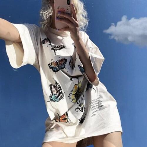 Super Chic Butterfly White T Shirts Women Oversized Summer Tee Loose Shirts Dress 2021 New Fashion Streetwear Girls Graphic Tops