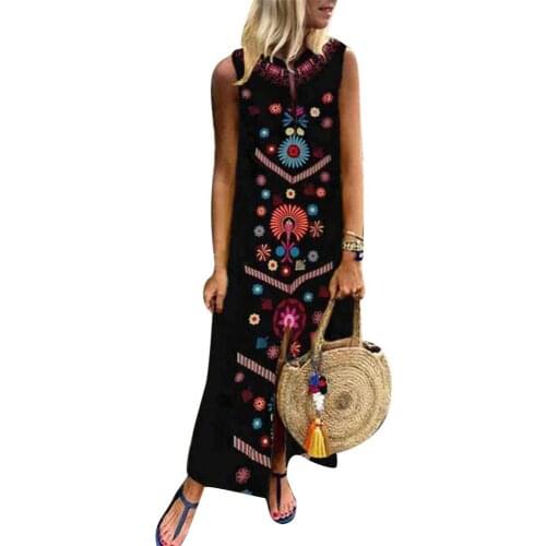 Summer dress Boho Plus Size Summer Beach Floral Print Lady Split Sleeveless Kaftan Maxi Dress robe femme Womens Clothing 2021