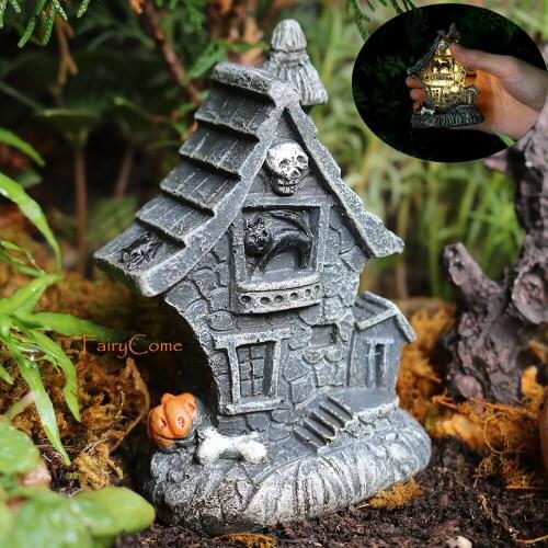 Halloween Mini Haunted House Miniature Halloween Light Glowing LED Tiny Skeleton Pumpkin House Decoration Ornaments Fairy Garden