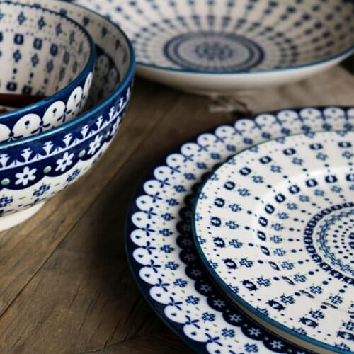 Ceramic Underglaze Color Blue Knitting Little Orchid Pattern Tableware Set/Family Bowl