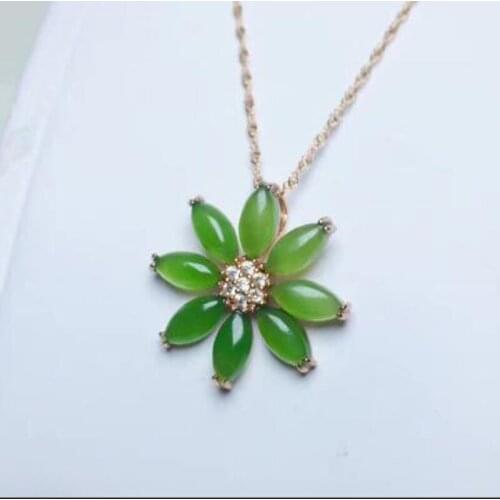 Natural Hetian Jasper Charm 925 Silver Gilt Chain Design Flower Inlaid Zircon Blessing Lucky Pendant Lovers Gifts