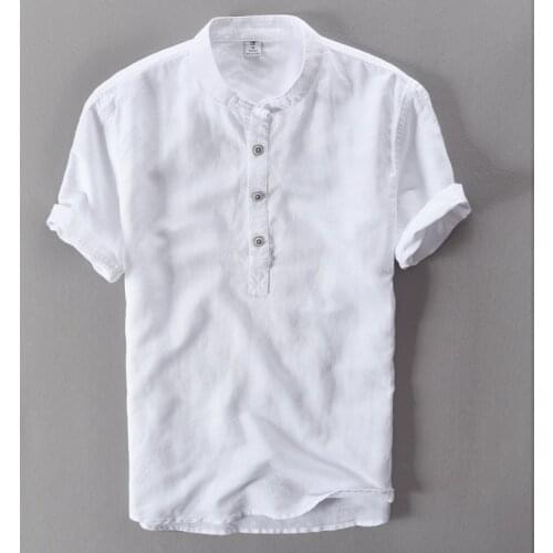 Newly Summer Fashion Men Shirts Short Sleeve Cotton Casual Shirts Men Pullovers Stand Collar Chinese Knot Designer Linen Shirt