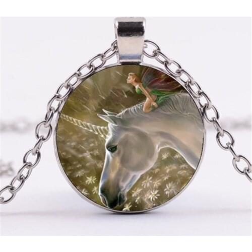 New Unicorn Fairy Animal Photo Cabochon Glass Chain Necklace,Charm Creative Women Pendants Fashion Jewelry Accessory
