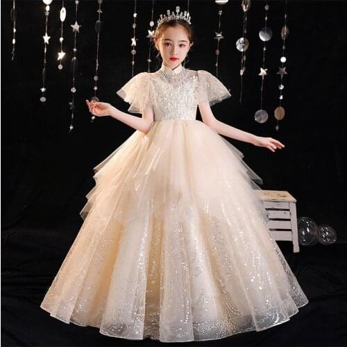 Children Girls Elegant Luxury Embroidery Lace Sequined Wedding Ceremony Birthday Evening Party Princess Ball Gown Dress Clothes