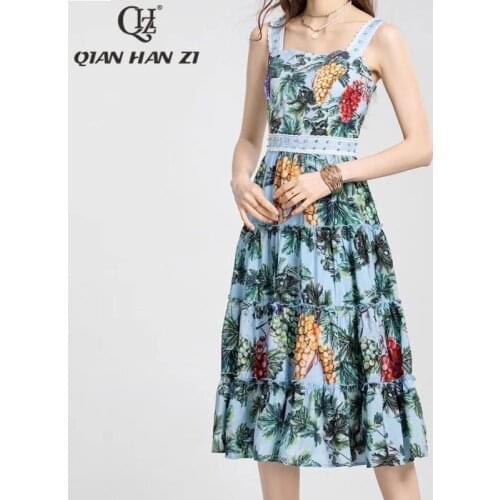 Qian Han Zi designer fashion summer dress Spaghetti Strap vintage Grape leaves Diamonds Elegant slim dress Women 2021 new