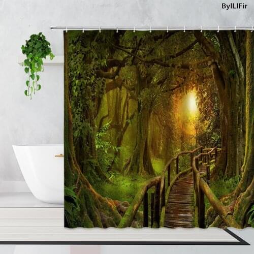 Summer Sunshine Forest Corridor Scenery Shower Curtains Tropical Green Jungle Natural Landscape Bathroom Bathtub Curtain Screen