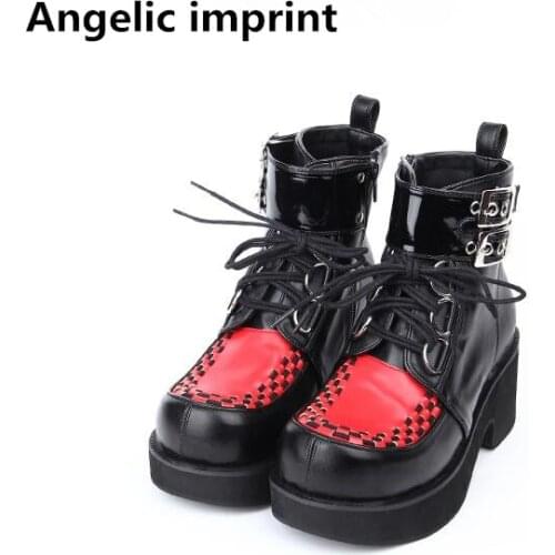 Angelic imprint mori girl Women motorcycle punk shoes lady high heels lolita ankle boots woman princess dress pumps 33-47 7cm 46