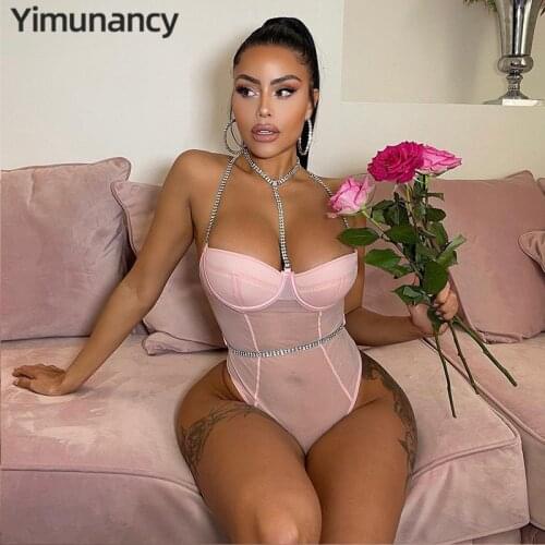 Chain Spaghetti Strap Bodysuit Women Halter Mesh Skinny Bodysuit 2021 Ladies Summer Sexy Bodysuit Body Femme