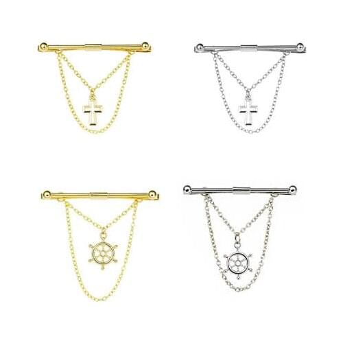 10pcs/lot Tassel Angle Collar Pin With Chain Cross/Rudder Pendant Tie Clip Rods Tie Collar Bar Sticker Mens Jewelry Accessory