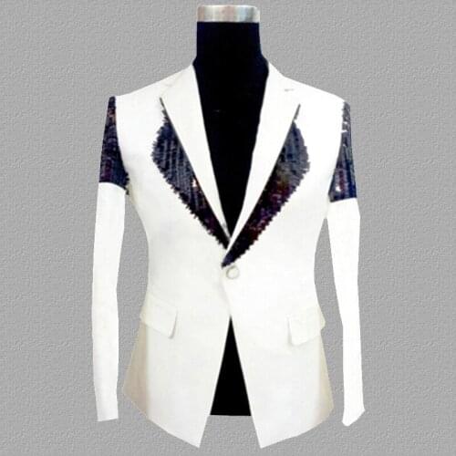 Sequins blazer men suits designs jacket mens stage costumes for singers clothes dance star style dress punk rock masculino white