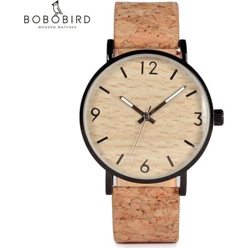 BOBO BIRD Mens Watches Wood Grain Dial Stainless Steel Case Quartz Watch with Soft Cork Bandfor Men as Gift Item