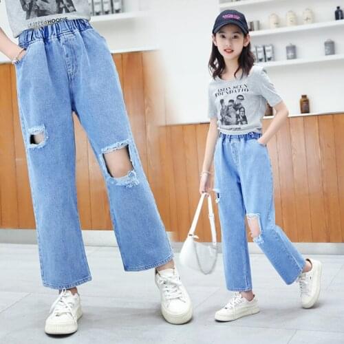 Girls Ripped Jeans For Kids New Spring Autumn Trousers Fashion Korean Style Vintage Hole Girls Wide Leg Denim Pants 4-14Year Old