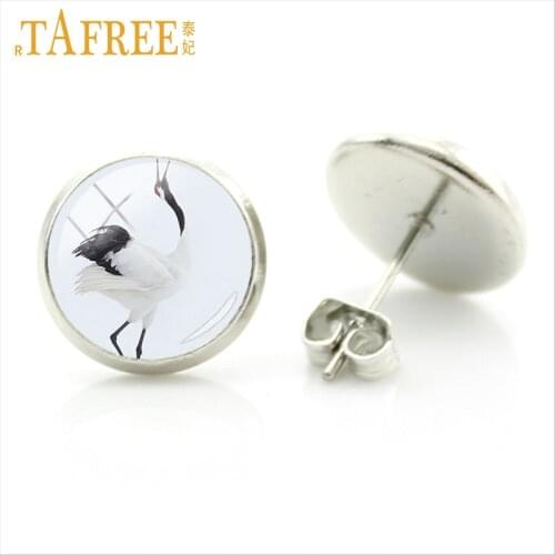 TAFREE vintage elegant Red-Crowned Crane glass gem stud earrings fashion birds crane charms women earrings wedding jewelry E643