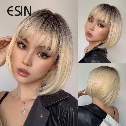 ESIN Medium Long Straight Hair Wigs with The Top Black Ombre to White Blonde Bob Wigs for Women Heat Resistant Natural Cosplay
