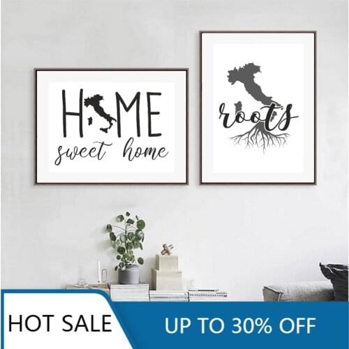 Italy Map Silhouette Canvas Painting Posters Prints Black & White Wall Decor My roots Floral Design Sweet Quotes Home Decoration