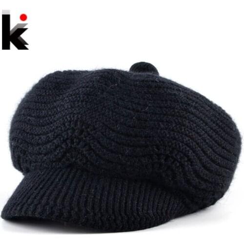 Fashion Newsboy Hats For Women Winter Knitted Rabbit Fur Berets Cap Ladies Add Velvet Double Layer Warm Gorros Boina Feminina