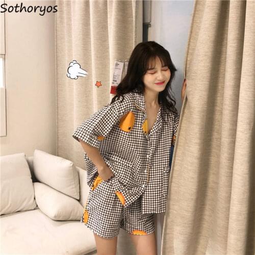 Pajamas Sets Women Loose Plaid Half-sleeve Turn-down Collar Short Trousers Pocket Button Student Sleepwear Leisure Trendy Sweet