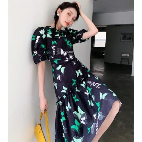 LLZACOOSH New Summer High-End Elegant PUff Sleeve Butterfly Printed Women Casual A Line Holiday Slim Patchwork Beach Dress