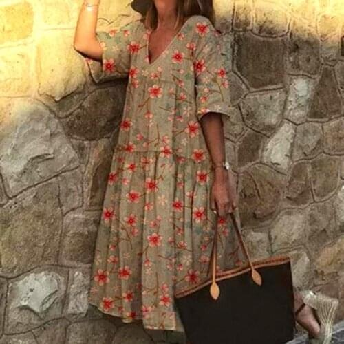 Casual Dresses For Women 2021 Boho Women V Neck Half Sleeve Floral Print Large Hem Beach Party Midi Dress vestido de mujer