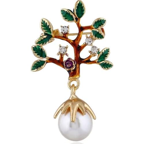 CRLEY Vintage Green Leaf Leaves Tree Brooches Big Imitate Pearl Dress Collar Suit Elegant Banquet Decoration Brooch Pins Jewelry