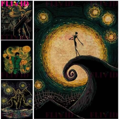 Vintage Anime Character Moon Abstract Clouds Nordic Poster Wall Pictures For Living Room Wall Art Canvas Painting Unframed