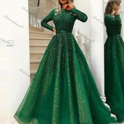 Green Muslim Evening Dresses A-line Long Sleeves Tulle Lace Beaded Islamic Dubai Saudi Arabic Long Formal Evening Gown
