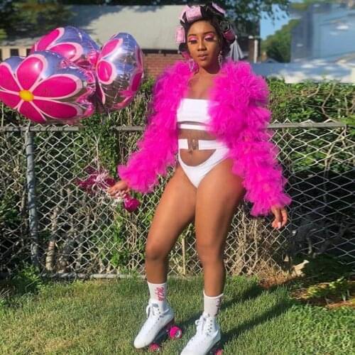 Chic Cute Fuchsia Tulle Women Jackets 2020 Ruffles Tiered Full Sleeves Short Sweater Femme Veste Mujer Chaqueta