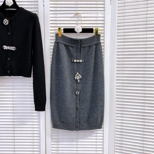 Runway Fashion Fall Winter Vintage Clothes 2021 Women New Gray Knitted Half Skirt Diamond-Studded High Quality Slim Midi Skirt