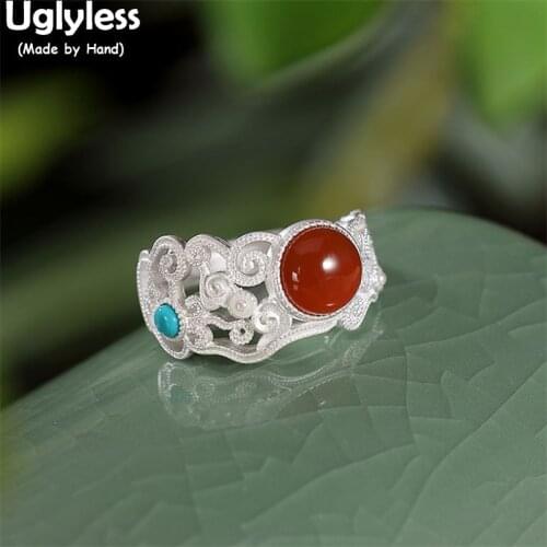 Uglyless Vintage Hollow Vines Rings for Women Natural Agate Pearls Turquoise Open Rings Real Gold 925 Silver Dress Jewelry Retro